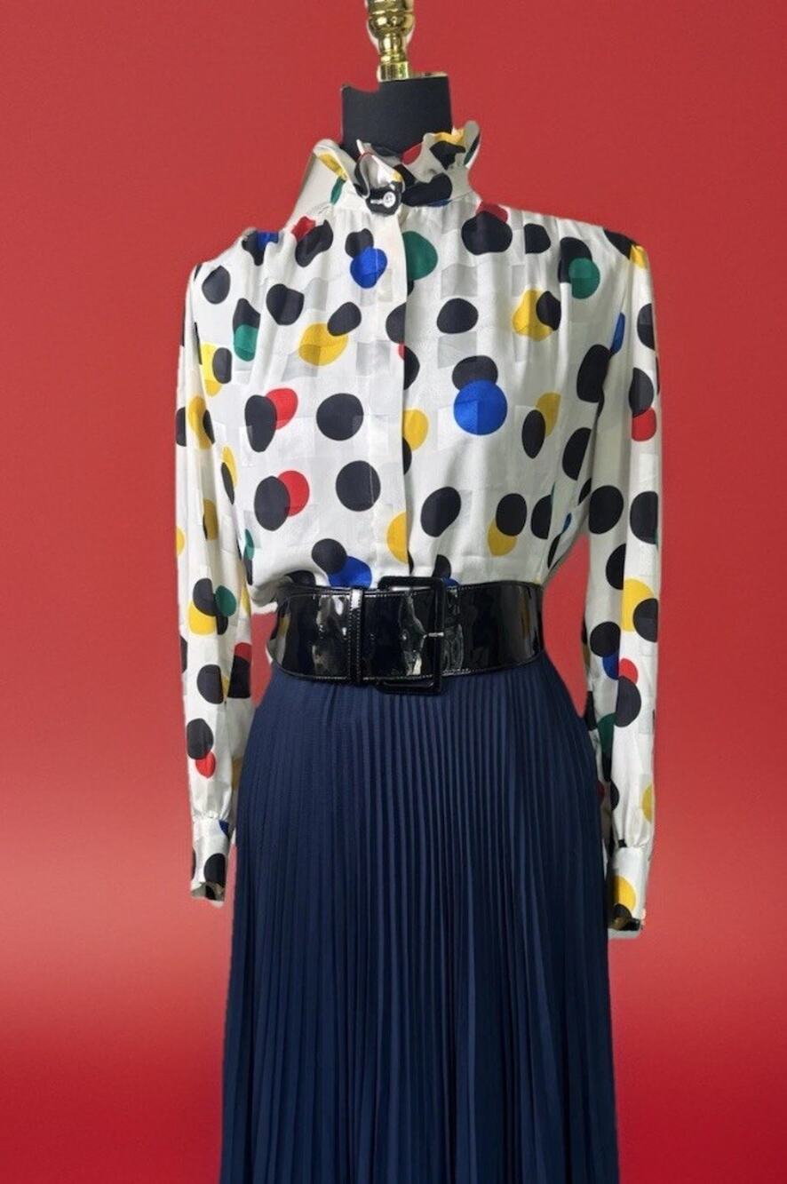 Vintage Lloyd Williams Polka Dot High Collar Blouse | 80s Power Meets Pop Art